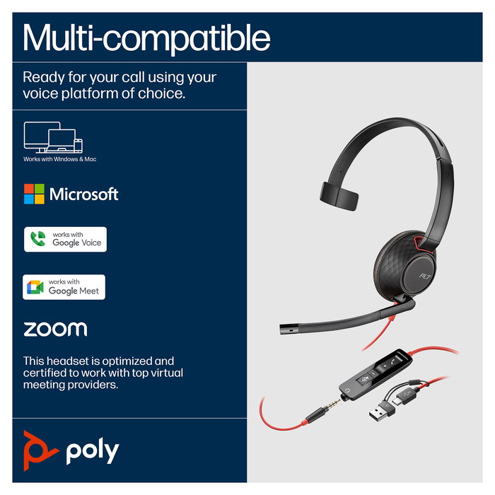 HP Poly Blackwire 5210 Auriculares de Diadema Monoaural para Oficina, USB-C + Conector 3.5 mm + Adaptador USB-C/A, Negro, 207577-201