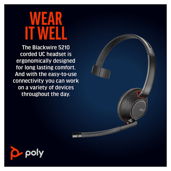 HP Poly Blackwire 5210 Auriculares de Diadema Monoaural para Oficina, USB-C + Conector 3.5 mm + Adaptador USB-C/A, Negro, 207577-201