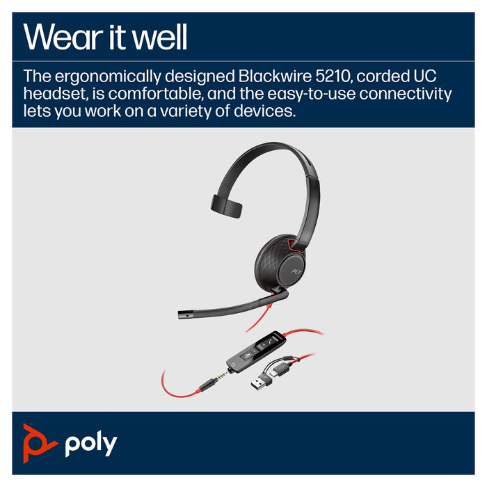 HP Poly Blackwire 5210 Auriculares de Diadema Monoaural para Oficina, USB-C + Conector 3.5 mm + Adaptador USB-C/A, Negro, 207577-201
