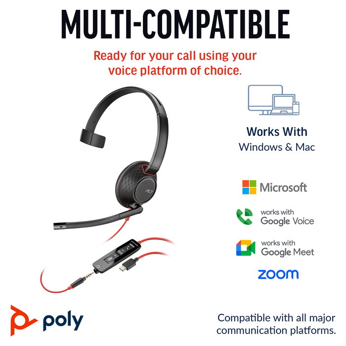 HP Poly Blackwire 5210 Auriculares de Diadema Monoaural para Oficina, USB-C + Conector 3.5 mm + Adaptador USB-C/A, Negro, 207577-201