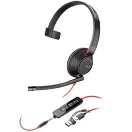 Poly Auricular Blackwire 5210 8X230AA con Micrófono, USB-C + Adaptador USB-A + Jack 3.5mm, Monoauricular Supraaural para PC/Mac, Negro