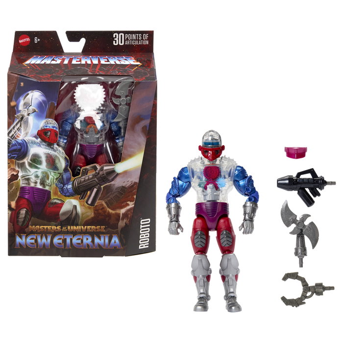 Mattel Masters of the Universe Masterverse New Eternia Roboto Figura de Acción Coleccionable 7 Pulgadas 30 Puntos Articulación Transparente Incluye Accesorios