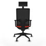 Silla de oficina Horna con mecanismo Sincro/Traslack tapizada con Tela color Naranja oscuro y malla color Negro. Equipada con lumbar 1D, Brazos 1D, Cabecero Fijo y Ruedas 65 mm parqué