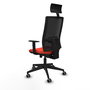Silla de oficina Horna con mecanismo Sincro/Traslack tapizada con Tela color Naranja oscuro y malla color Negro. Equipada con lumbar 1D, Brazos 1D, Cabecero Fijo y Ruedas 65 mm parqué