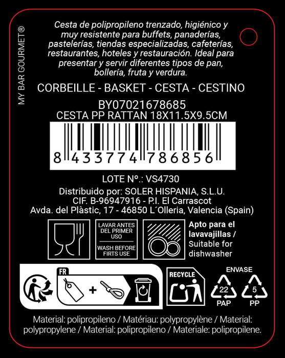 Inde Cesta Pp Rattan 18.5 cm x 9.5 cm x 19.3 cm (12 Unidades)