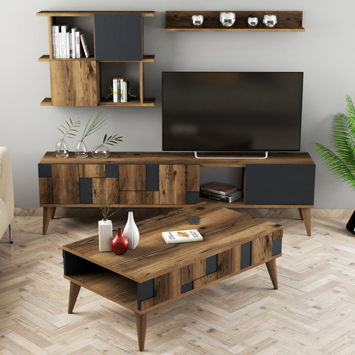 Hanah Home Madrid - Anthracite Mueble de Salón Completo: Mueble TV, Armario, Estante y Mesa Centro - Nogal y Antracita