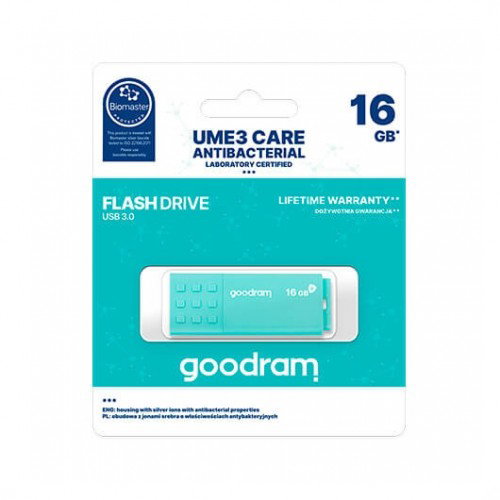 GOODRAM UME CARE UME3-0160CRR11 - Memoria USB 3.0 16 GB, Carcasa Antibacteriana con Tecnología Biomaster, Velocidad Lectura 60 MB/s, Azul