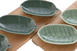 DKD Home Decor Aperitivo Tropical Verde Oscuro Porcelana Bambú Hojas Relieve Set 4 Piezas 10.5 x 28.4 cm