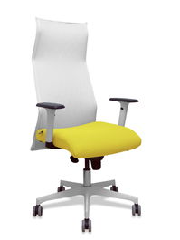 Sillón Albacete con mecanismo Sincro tapizada con Tela color Amarillo y malla color Blanco. Equipado con Base poliamida blanca, Brazos 1D y Ruedas 65 mm parqué