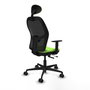 Silla de oficina Jorquera con mecanismo Sincro/Traslack tapizada con Tela color Pistacho y malla color Negro. Equipada con lumbar 1D, Brazos 1D, Cabecero Fijo y Ruedas 65mm nailon