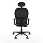 Silla de oficina Jorquera con mecanismo Sincro/Traslack tapizada con Tela color Pistacho y malla color Negro. Equipada con lumbar 1D, Brazos 1D, Cabecero Fijo y Ruedas 65mm nailon