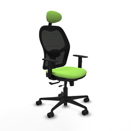 Silla de oficina Jorquera con mecanismo Sincro/Traslack tapizada con Tela color Pistacho y malla color Negro. Equipada con lumbar 1D, Brazos 1D, Cabecero Fijo y Ruedas 65mm nailon