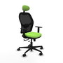 Silla de oficina Jorquera con mecanismo Sincro/Traslack tapizada con Tela color Pistacho y malla color Negro. Equipada con lumbar 1D, Brazos 1D, Cabecero Fijo y Ruedas 65mm nailon
