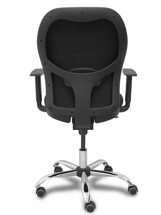Silla de oficina Jorquera con mecanismo Sincro tapizada con Tela color Negro. Equipada con lumbar 1D, Brazos 1D y Ruedas de parqué