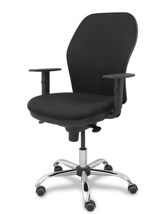 Silla de oficina Jorquera con mecanismo Sincro tapizada con Tela color Negro. Equipada con lumbar 1D, Brazos 1D y Ruedas de parqué