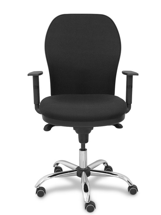 Silla de oficina Jorquera con mecanismo Sincro tapizada con Tela color Negro. Equipada con lumbar 1D, Brazos 1D y Ruedas de parqué