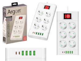 Argon Regleta Multifunción 6 Enchufes con Interruptor 2500W Blanco 24.5x18x5 cm (Set de 8)