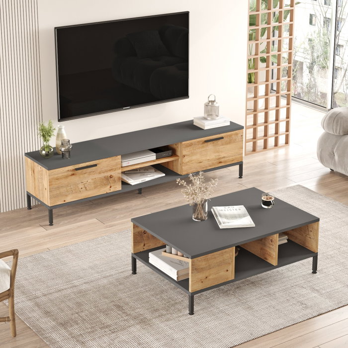 Hanah Home Conjunto Muebles Salón Pino Atlántico Antracita Melamina TV Mesa Centro 160cm