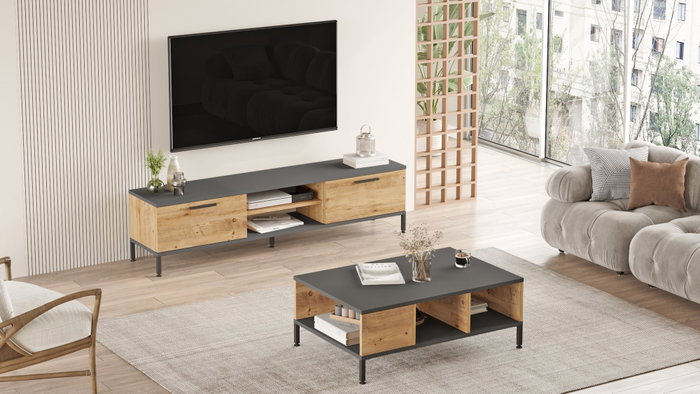 Hanah Home Conjunto Muebles Salón Pino Atlántico Antracita Melamina TV Mesa Centro 160cm