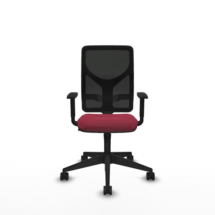 Silla de oficina Motilla con mecanismo Sincro tapizada con Tela color Granate y malla color negra. Equipada con lumbar 1D, Brazos 1D y Ruedas 65mm nailon