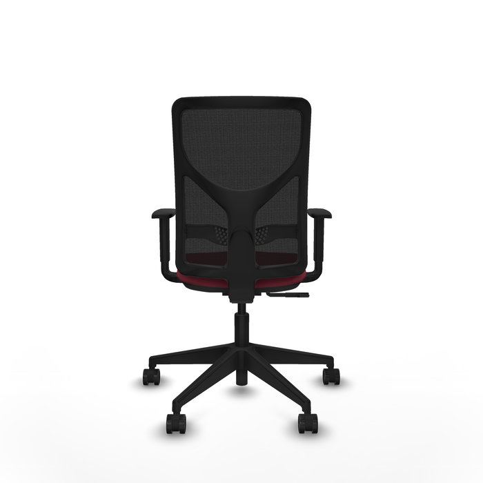 Silla de oficina Motilla con mecanismo Sincro tapizada con Tela color Granate y malla color negra. Equipada con lumbar 1D, Brazos 1D y Ruedas 65mm nailon