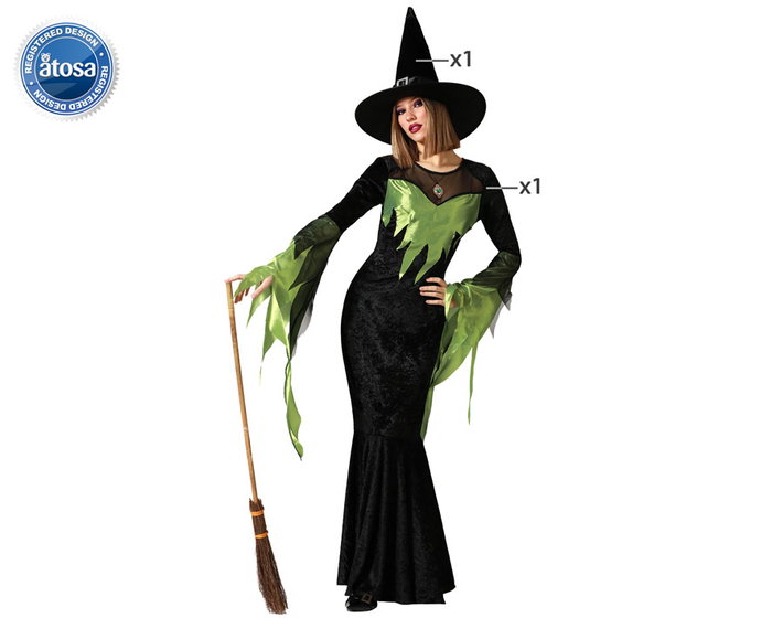 Disfraz de Bruja Elegante Mujer Vestido Largo Negro y Verde con Sombrero - Halloween Adulto M-L Disfraz de Bruja Elegante Mujer Vestido Largo Negro y Verde con Sombrero - Halloween Adulto M-L