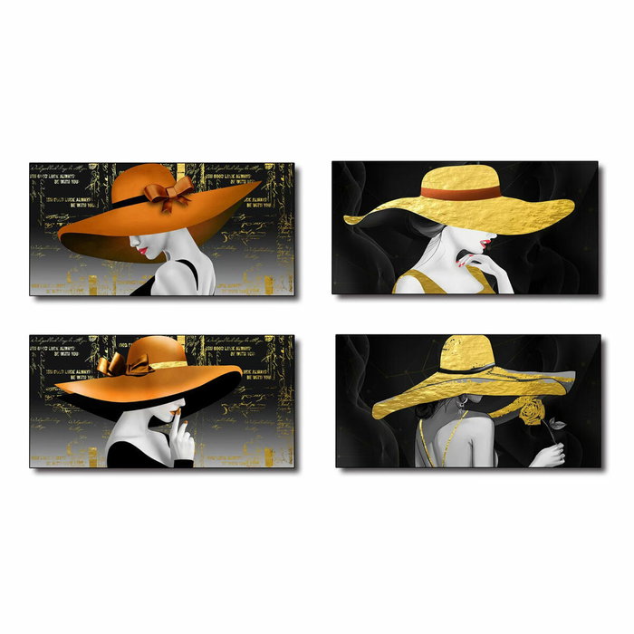 DKD Home Decor Set de 4 Cuadros Lienzo Mujer Sombrero con Acabado Purpurina 100x50x2,5 cm