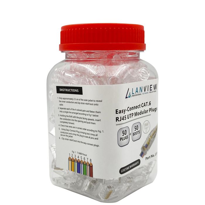 Lanview Conector RJ45 UTP Cat6 Easy-Connect para Cable Trenzado/Sólido AWG23-24 Caja 50 Piezas