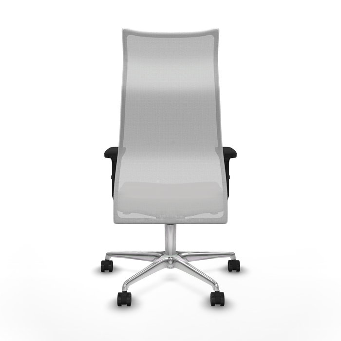 Sillón Albacete con mecanismo Sincro tapizada con Similpiel color Blanco. Equipado con Base aluminio, Brazos 2D y Ruedas 65mm nailon