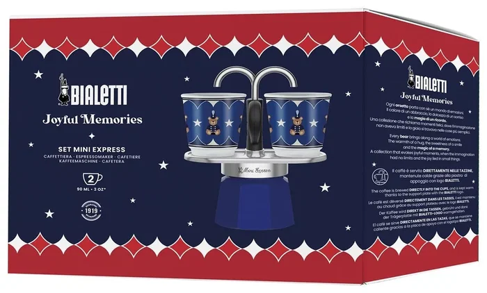 Bialetti Set MINI Express MR BLU Joyful Memories con dos tazas y bandeja de aluminio