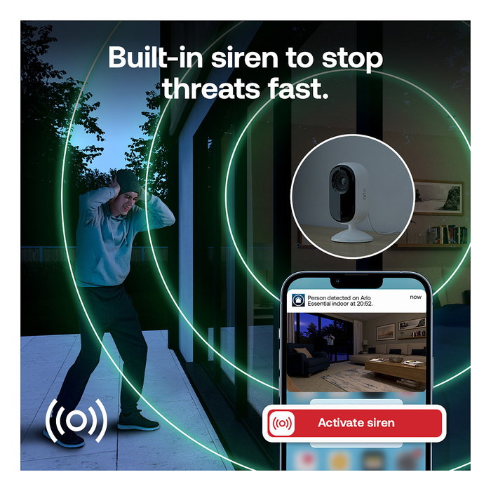 ARLO Cámara de Seguridad Interior Essential 3 2K para Techo/Escritorio, WiFi, Visión Nocturna, 130°, Detección de Movimiento, 3MP, Color Blanco