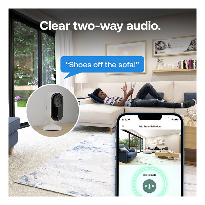 ARLO Cámara de Seguridad Interior Essential 3 2K para Techo/Escritorio, WiFi, Visión Nocturna, 130°, Detección de Movimiento, 3MP, Color Blanco