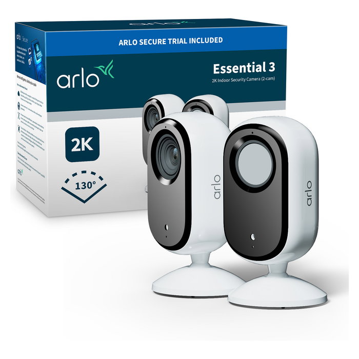 ARLO Cámara de Seguridad Interior Essential 3 2K para Techo/Escritorio, WiFi, Visión Nocturna, 130°, Detección de Movimiento, 3MP, Color Blanco