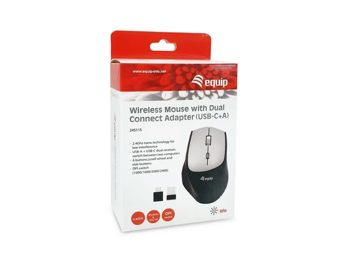 Equip 245115 Ratón Inalámbrico RF Óptico 2400 DPI para Oficina, Ergonómico Mano Derecha, 6 Botones, Negro