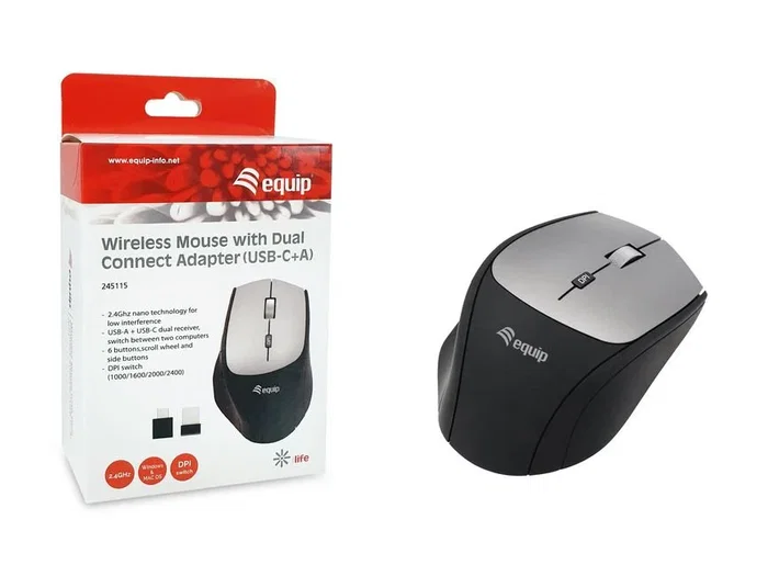 Equip 245115 Ratón Inalámbrico RF Óptico 2400 DPI para Oficina, Ergonómico Mano Derecha, 6 Botones, Negro
