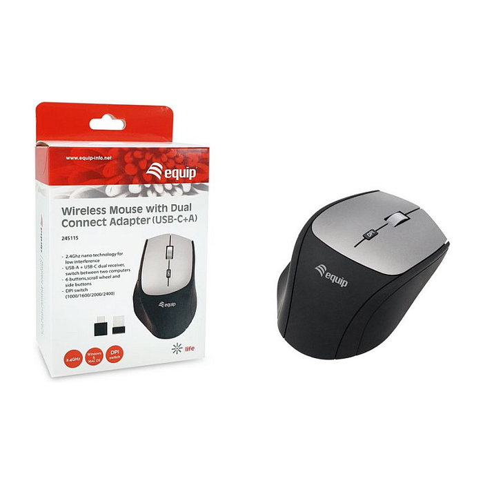 EQUIP Ratón Óptico Inalámbrico 245115 2400 DPI USB-C/A Negro Mano Derecha Confort EQUIP Ratón Óptico Inalámbrico 245115 2400 DPI USB-C/A Negro Mano Derecha Confort