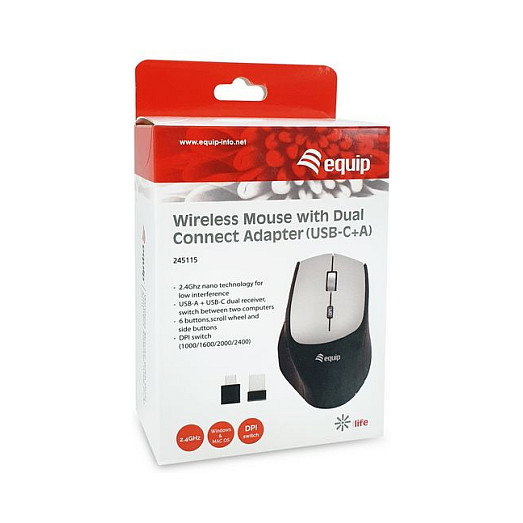 EQUIP Ratón Óptico Inalámbrico 245115 2400 DPI USB-C/A Negro Mano Derecha Confort EQUIP Ratón Óptico Inalámbrico 245115 2400 DPI USB-C/A Negro Mano Derecha Confort