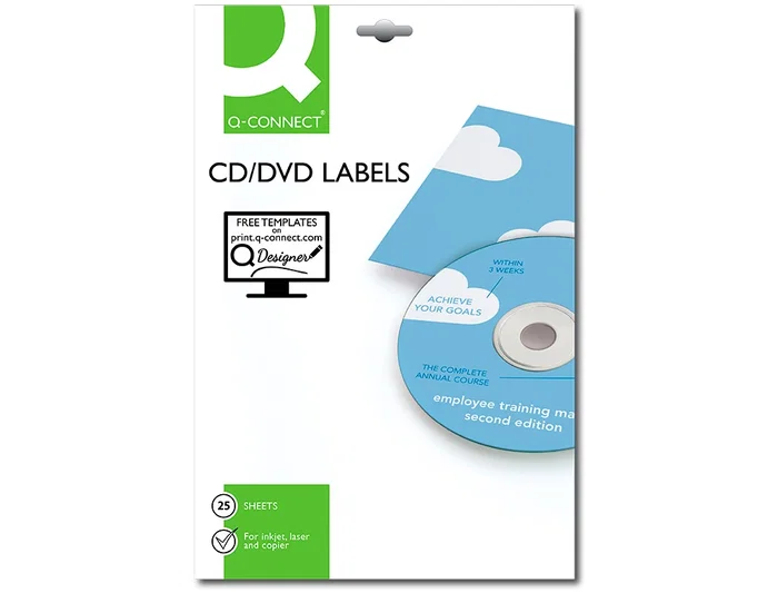Q-connect kf01579 Etiquetas Adhesivas para CD-ROM, Fotocopiadora, Láser, Ink-jet - Caja con 50 etiquetas