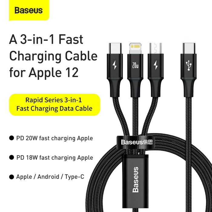 Baseus Cable Rapid Series 3-en-1 USB-C PD 20W 1,5 m