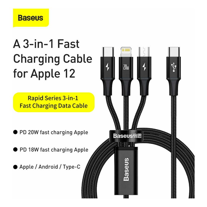 Baseus Rapid Series Cable USB-C 3 en 1, Carga Rápida PD 20W 1.5 Metros, iPhone Samsung Android - Blanco