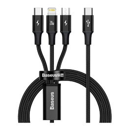 Baseus Rapid Series Cable USB Tipo-C 3 en 1 PD 20W, 1.5m, USB A, USB-C/Micro USB/Lightning, 480 Mbps, Negro