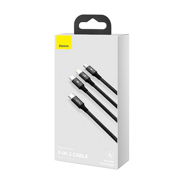 Baseus Rapid Series Cable USB-C 3 en 1, Carga Rápida PD 20W 1.5 Metros, iPhone Samsung Android - Blanco