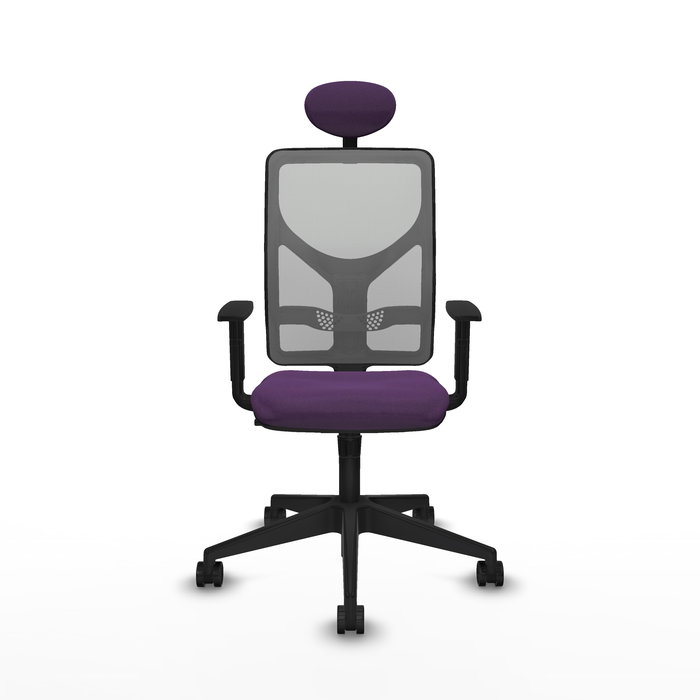 Silla de oficina Motilla con mecanismo Sincro tapizada con Tela color Morado y malla color Gris. Equipada con lumbar 1D, Brazos 1D, Cabecero Fijo y Ruedas 65mm nailon