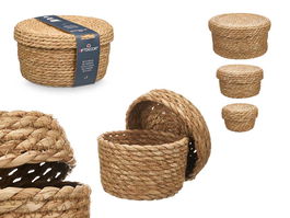 Giftdecor Set 3 Cestos Tapa Redondo Natural Totora 28x14x28 cm (Set de 6)