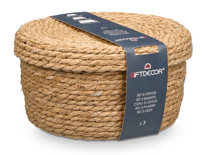 Giftdecor Set 3 Cestos Tapa Redondo Natural Totora 28x14x28 cm (Set de 6)