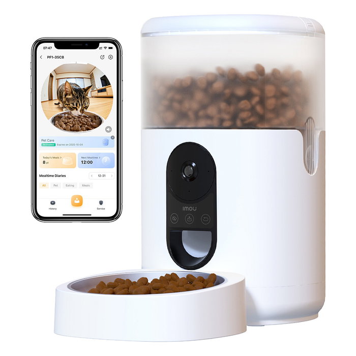 Imou PF1 Comedero Automático Inteligente para Mascotas con Cámara, 4L, Acero Inoxidable, Blanco, WiFi, para Gatos y Perros