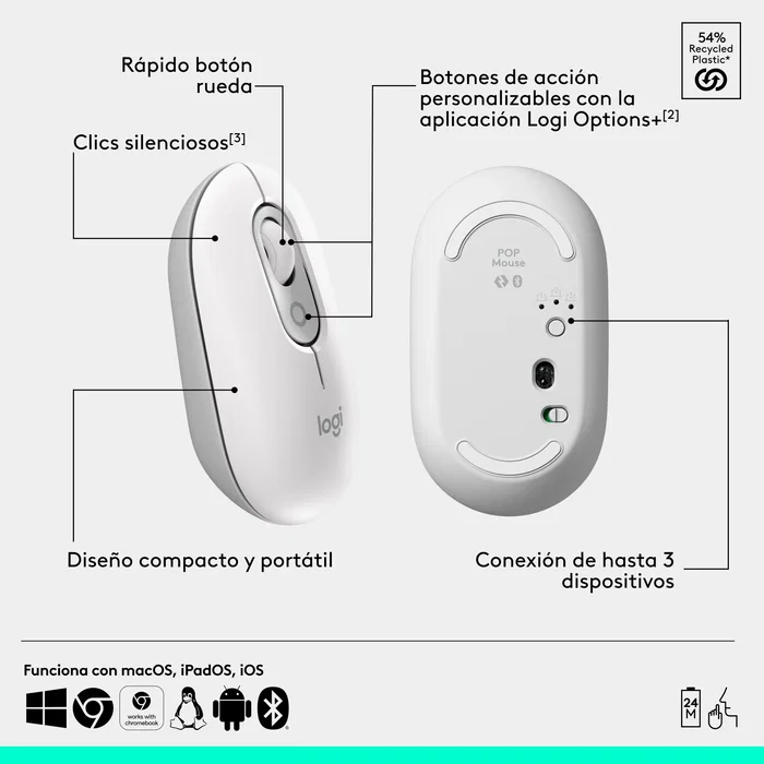 Logitech POP Mouse Ratón Inalámbrico Bluetooth 910-007411 Ambidiestro, Silencioso, con Botones Programables y SmartWheel, Tecnología Easy-Switch para 3 Dispositivos, Color Blanco