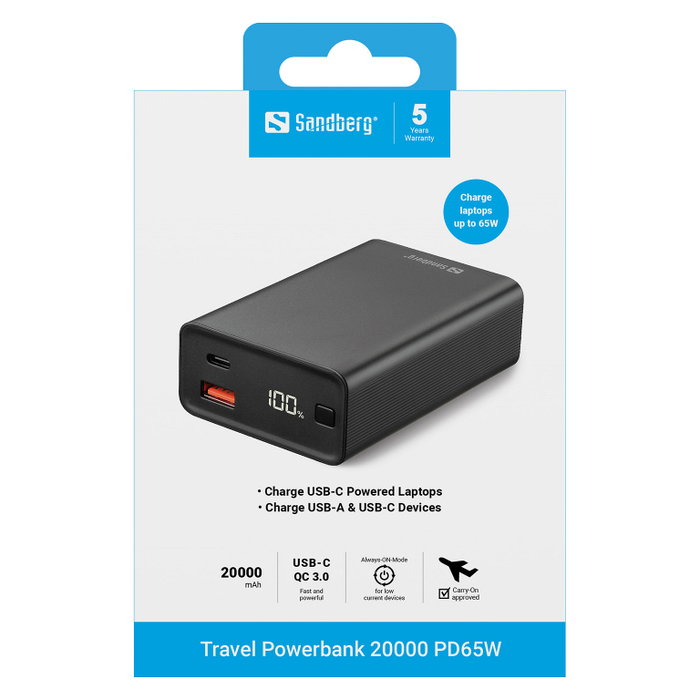 SANDBERG 420-95 Travel Powerbank 20000 mAh PD65W, Batería Externa con Pantalla, Negro, Carga Rápida USB-C Power Delivery SANDBERG 420-95 Travel Powerbank 20000 mAh PD65W, Batería Externa con Pantalla, Negro, Carga Rápida USB-C Power Delivery