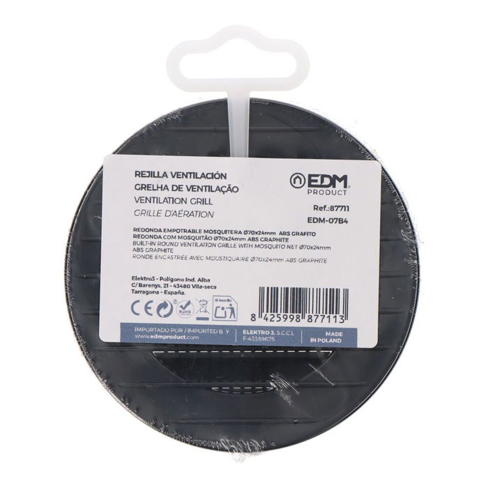 Edm Rejilla Ventilación Redonda Empotrable con Mosquitera ø70mm ABS Gris Antracita