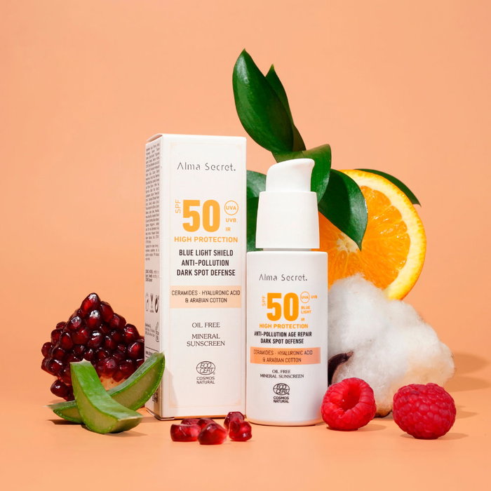 Alma Secret Crema Facial SPF50+ Protector Solar Alta Protección UVA UVB Luz Azul 50ml - Hidratante, Anti-Manchas, Anti-Edad con Ácido Hialurónico